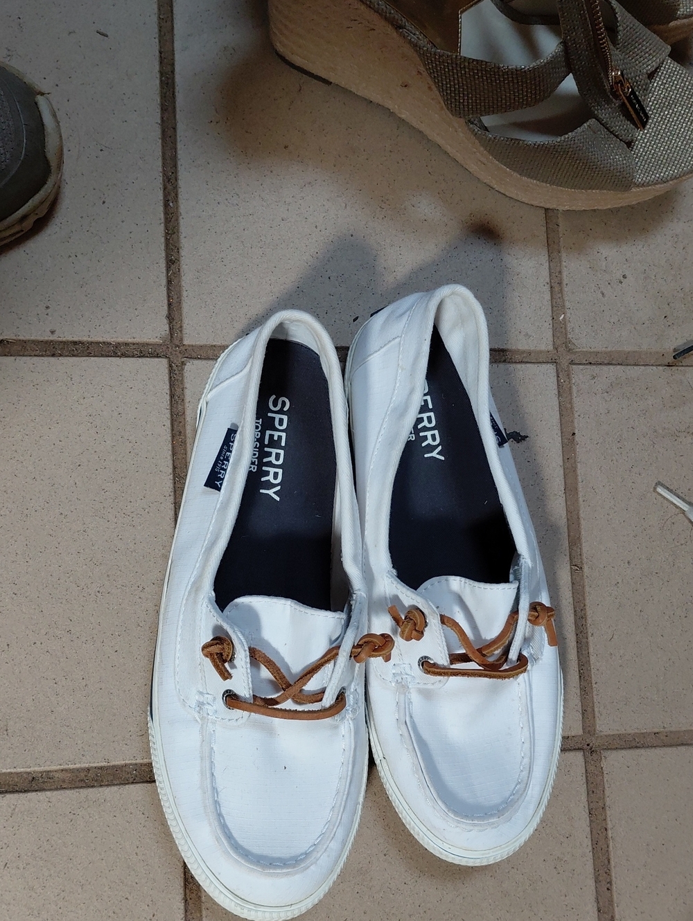 Sperry White Slip-On Boat Shoes with Tan Leather Laces
